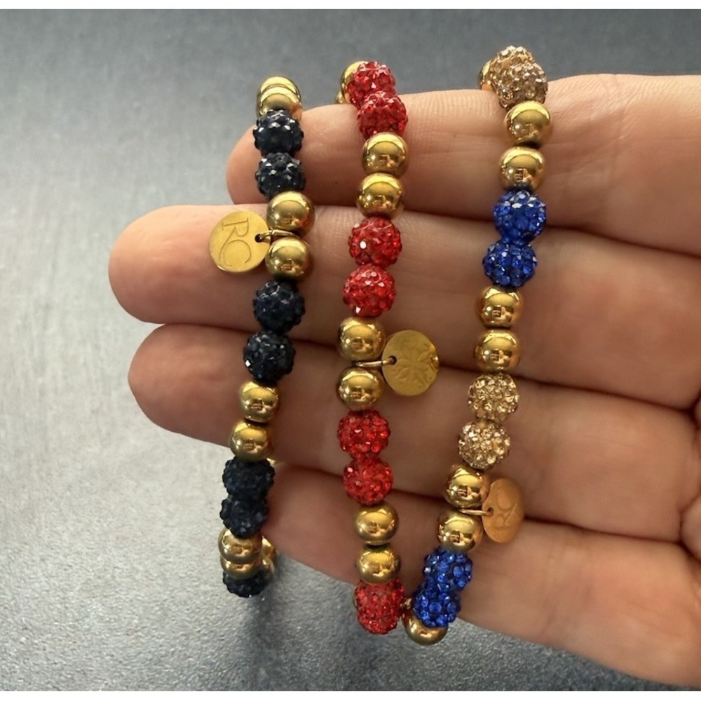 Rustic Cuff Beaded Bracelet Gold w/ Red Navy Royal Blue Set of 3 Logo Charm